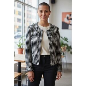 Fashion Bug Black White Houndstooth Tweed Fringe Zip Up Jacket Womenswear